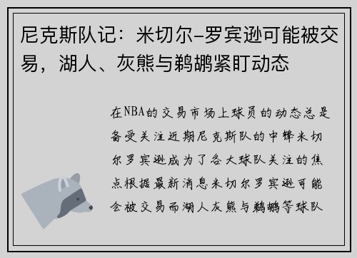 尼克斯队记：米切尔-罗宾逊可能被交易，湖人、灰熊与鹈鹕紧盯动态